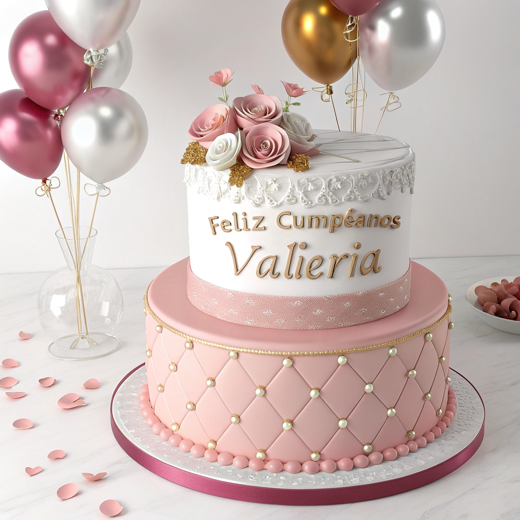 AI generated image by Red Panda AI: Una impresionante representación en 3D de un pastel de cumpleaños, elegantemente diseñado en tonos rosado y blancos metálicos. El pastel presenta un lazo rosado elaborado de manera intrincada que adorna su parte superior y un mensaje personalizado "Feliz Cumpleaños" y "Valeria" escrito en una fuente moderna y elegante. Alrededor del pastel hay globos flotantes rosados, dorados y plateados, que le agregan un toque caprichoso, y flores alegres en colores vibrantes, que crean una atmósfera animada y festiva.