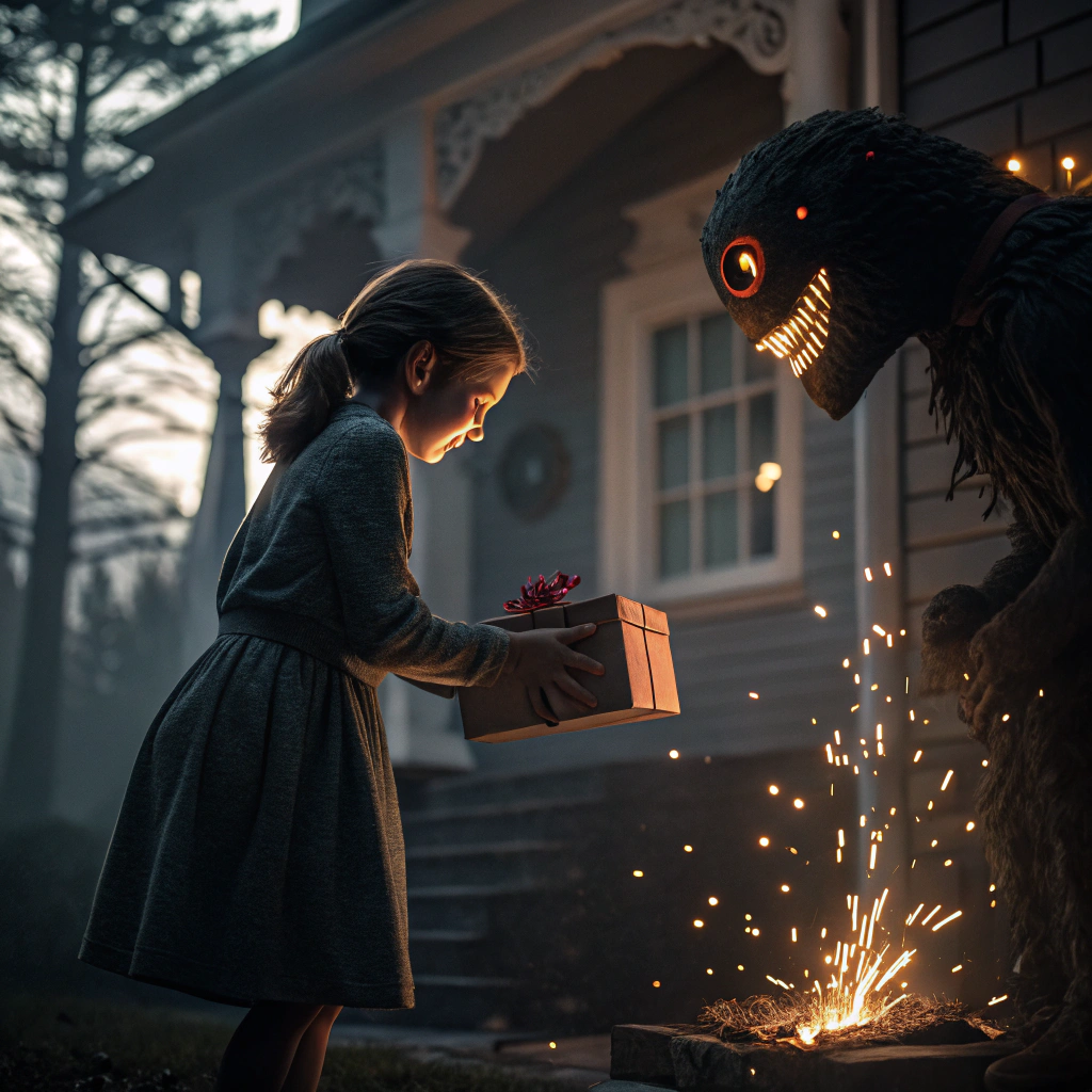 AI generated image by Red Panda AI: girl child, creepy ritual of offering living gifts to a creepy eyed monster, grotesque, art house, background illumination and black sparks of fire on ashes, high resolution, high detail, HDR, iso 2000, 1/500s, lumen, 15mm lens, professional photo, 32k, epic, close-up, realistic, soft lighting