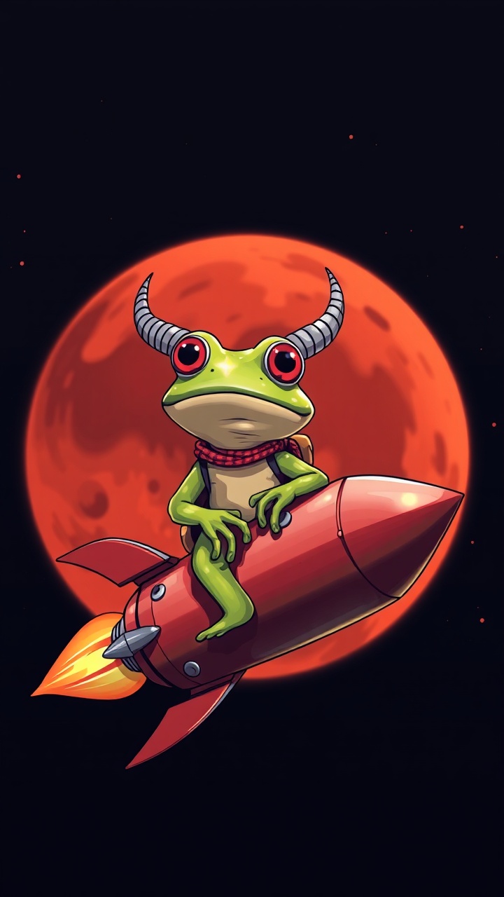 AI generated image by FLUX.1-schnell: Generate a picture of Pepe The Frog with 2 horns on his head, riding a rocket to Mars.