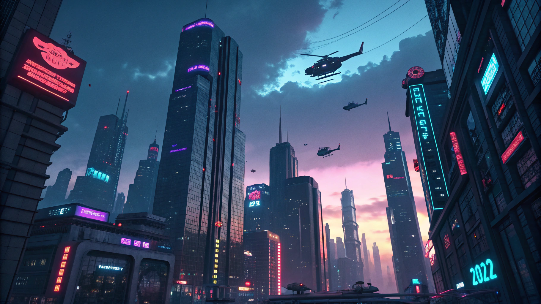 AI generated image by Red Panda AI: A futuristic cityscape at dusk, with towering skyscrapers and flying vehicles, depicted in a cyberpunk aesthetic.