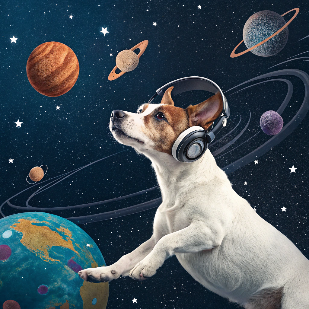 AI generated image by Red Panda AI: A Jack Russel dog with headphone on ears, floating in space between planets and stars 