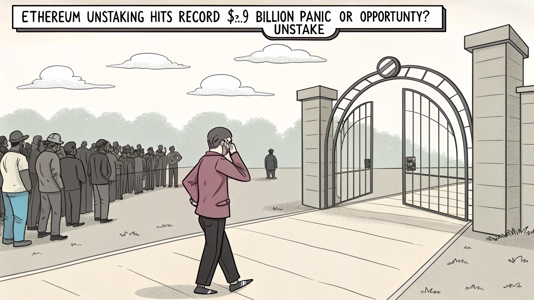 AI generated image by Red Panda AI: 

Comic style, a guy seeing a arc gate call "Unstake" from far, and a long queue is waiting to pass the gate, so the guy is very confuse and wondering

try to insert this title:"ETHEREUM UNSTAKING HITS RECORD $3.9 BILLION—PANIC OR OPPORTUNITY?"