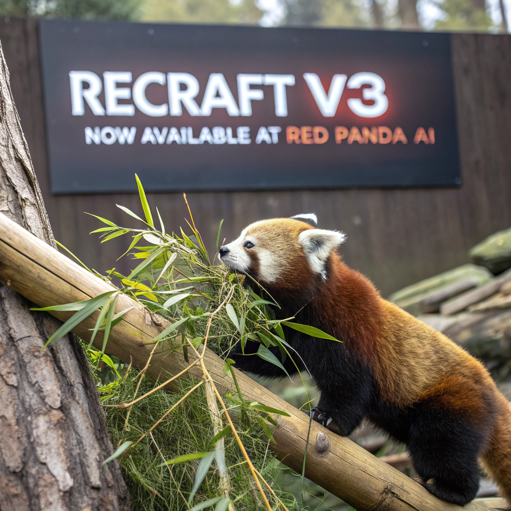 AI generated image by Red Panda AI: a red panda eating a bamboo in front of a poster that says "recraft V3 now available at red panda ai