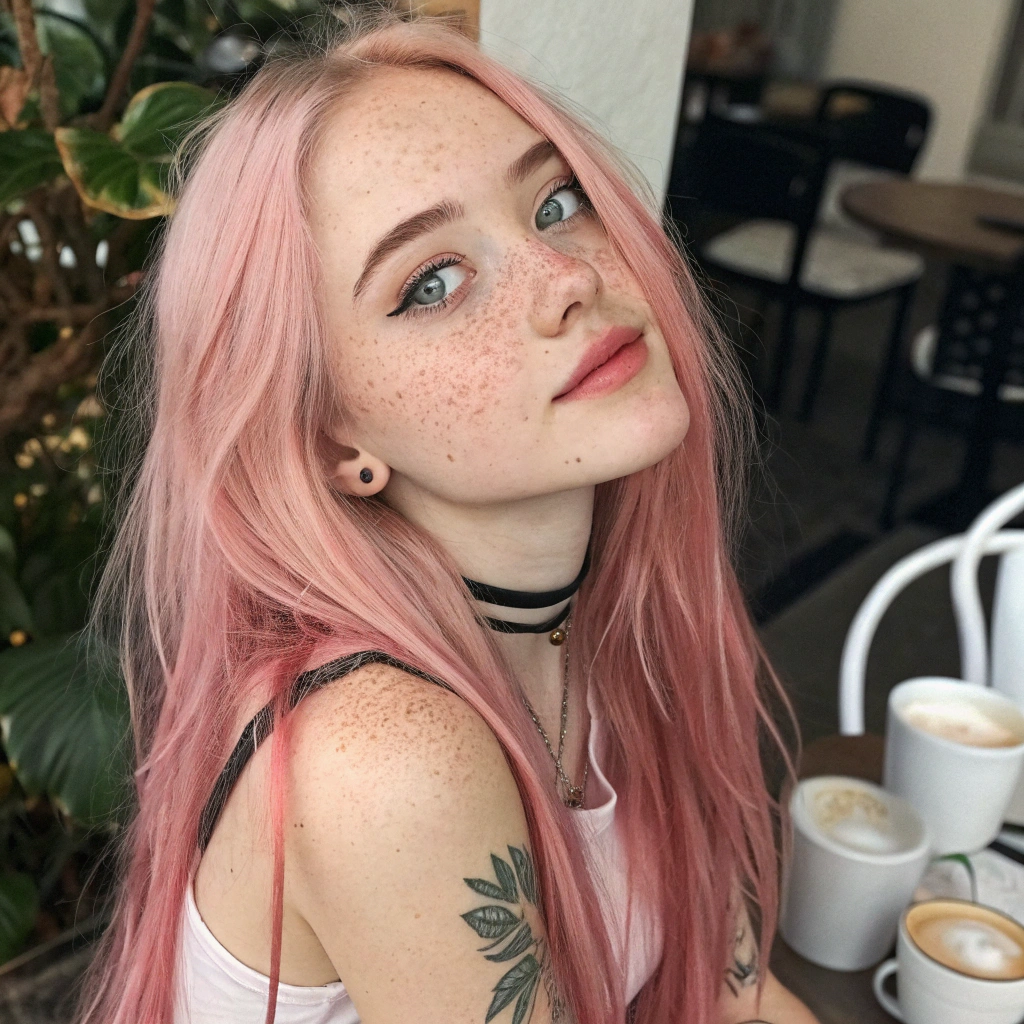AI generated image by Red Panda AI: top view photo of a beautiful, stunning girl with long brown hair and a tattoo on her arm. She has a naughty smile, wet pink lips, light gray eyes, and is wearing a choker. The girl is in a coffeeshop and has a shy look. She is looking up with a seductive look. The background is detailed and contains coffee mugs and plants. The lighting is volumetric. The girl is 18 years old and has pink hair, white pale skin, and freckles.