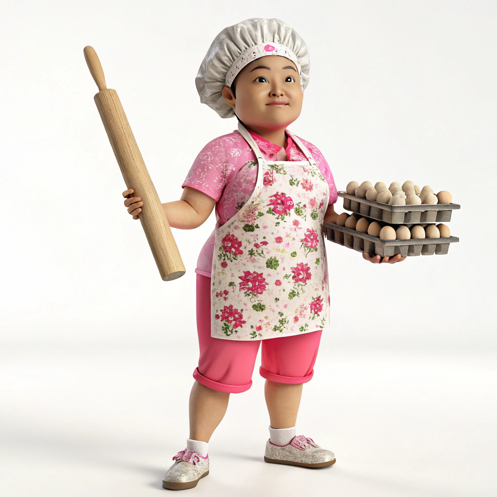 AI generated image by FLUX.1-schnell: This is a consistent character named [sheng].
[sheng] is a [baker]. [sheng] is wearing a baking apron with a pink floral t-shirt and pink shorts, a hair net, white Crocs no socks. She is standing in a relaxed pose.
[sheng] holding a large rolling pin and pile of baking tins.
Aspect Ratio: 1:1
Image Type: Digital Illustration
Detail: Hyper-Realistic
Render Type: 3D, Chibi-style mixed with Kawaii-tyle and Anime-style,
Background: Solid White (#FFFFFF)