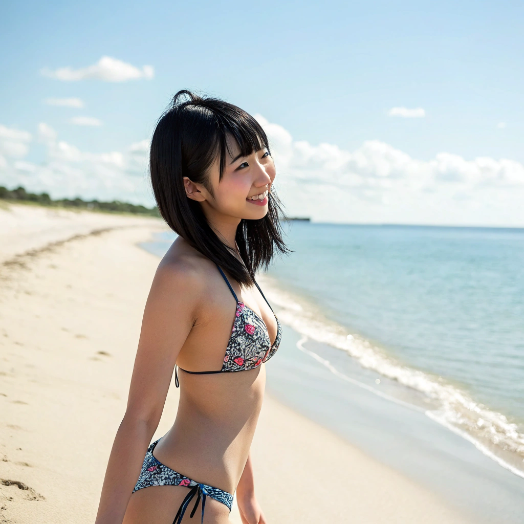 AI generated image by Recraft V3: 日本人女性　ビキニ　黒髪　20歳　可愛い　砂浜