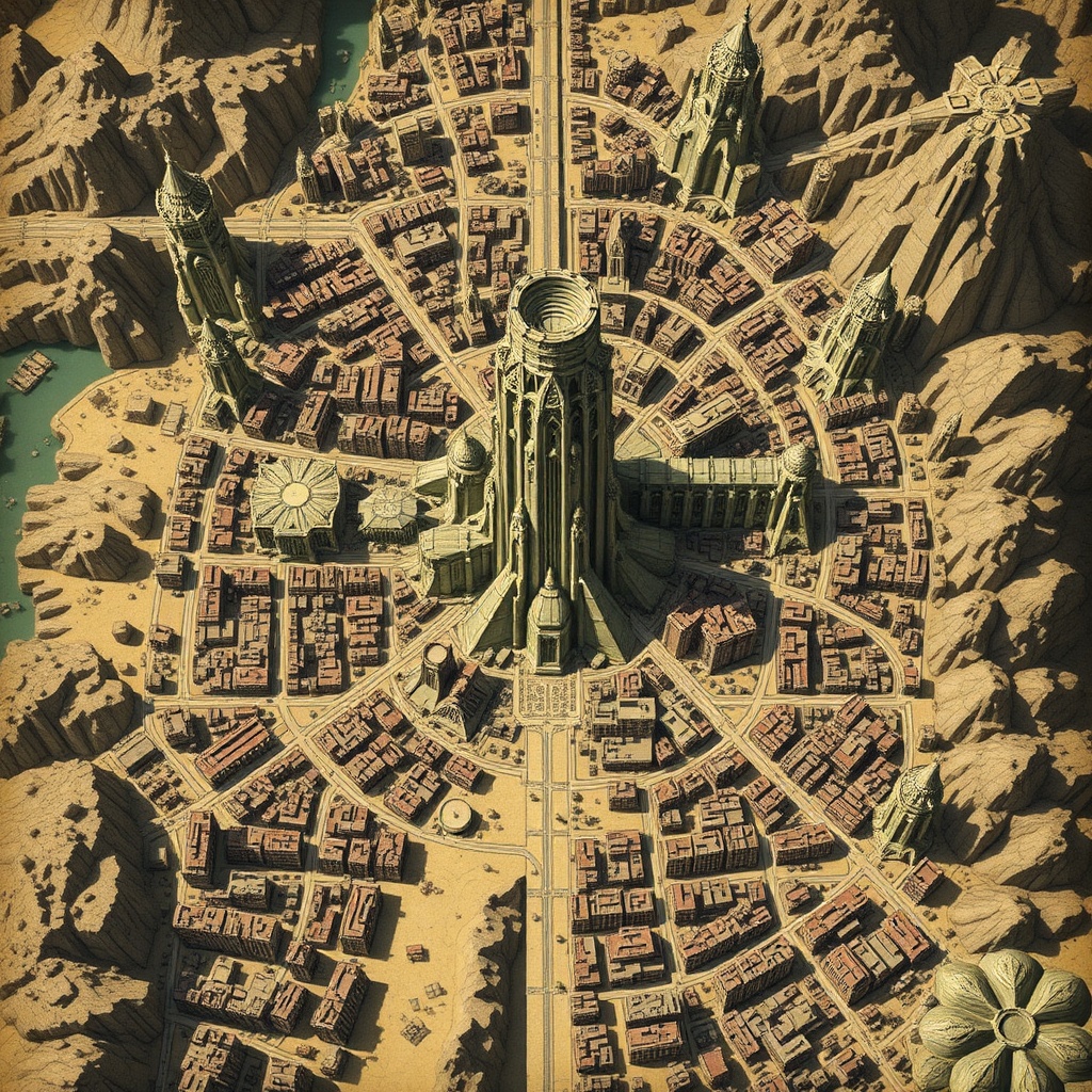 AI generated image by FLUX.1-schnell: TTRPG map of sprawling city with multiple social and economic districts. There should be a large onyx tower in the center.  Similar to maps made by WOTC.
