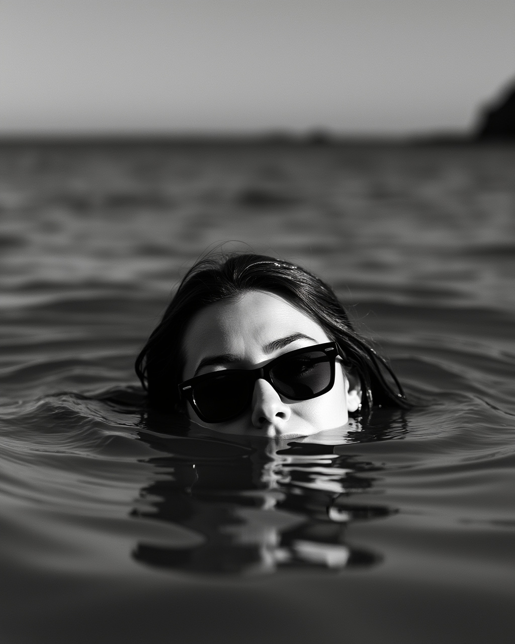 AI generated image by FLUX.1-pro: A black and white photo of a woman's head just above dark water, sunglasses partially submerged. The camera is low, parallel to the water