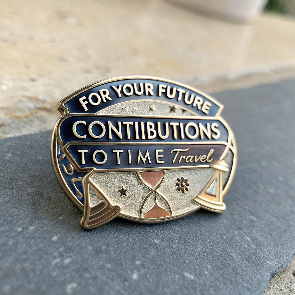 AI generated image by Red Panda AI: Please create a hyper-realistic photo of a metallic lapel pin, time-travel themed, featuring the words "For Your Future Contributions To Time Travel" on it. Include duo tone silver and gold metals, some subtle colors. Make it photorealistic with great detail and realism. Make sure all the words are spelled properly and legible.