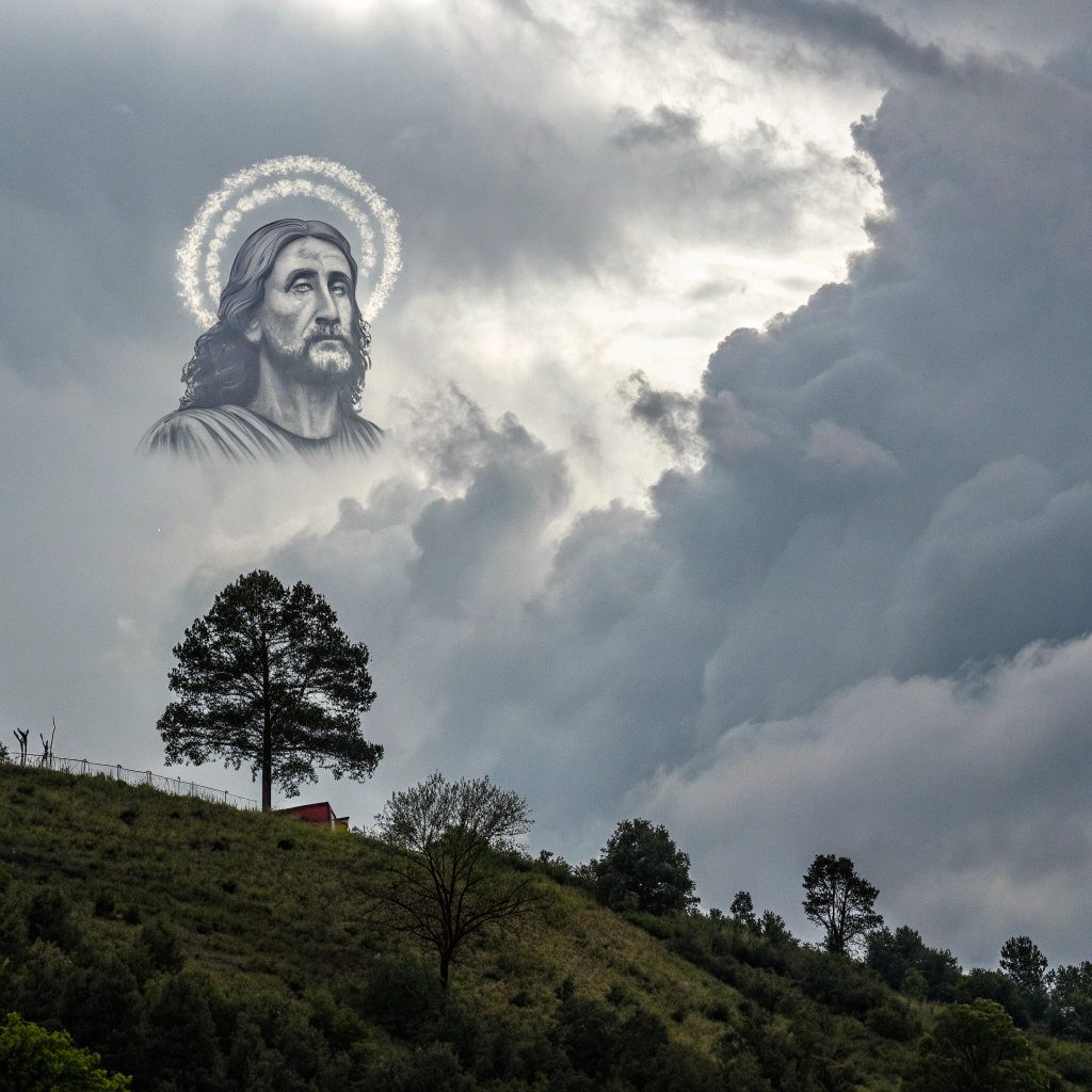 AI generated image by Red Panda AI: Bizarre Jesus shaped cloud