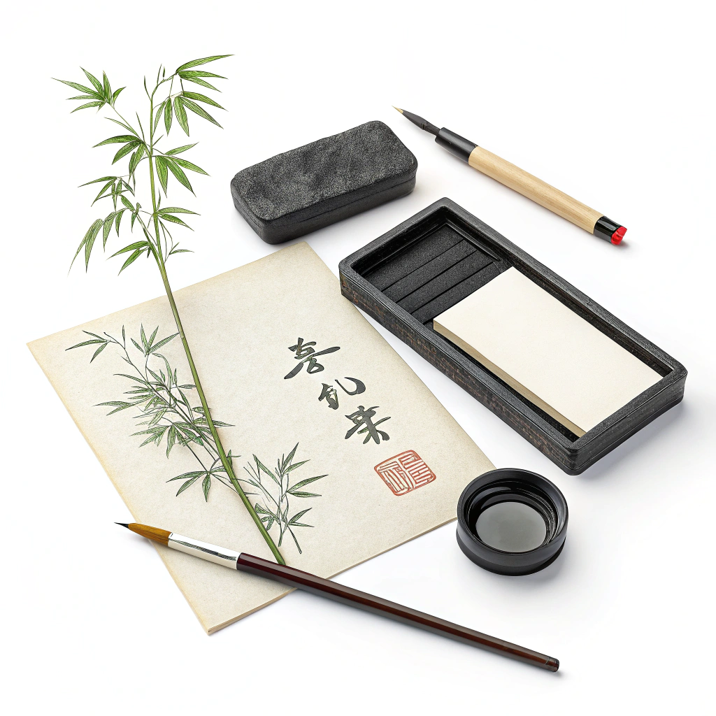 AI generated image by Red Panda AI: 生成一副以中国文房四宝为主体的图片，简洁， 要有意境