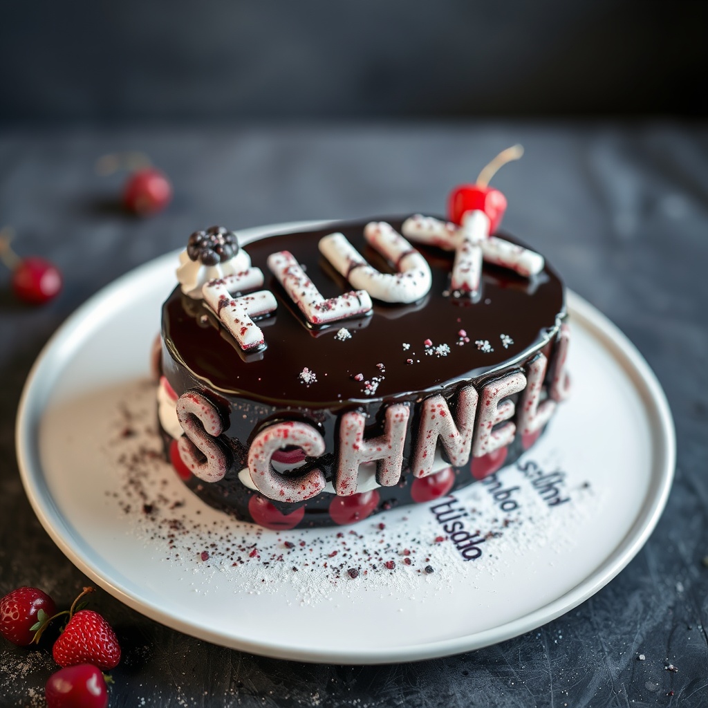 AI generated image by FLUX.1-schnell: black forest gateau cake spelling out the words "FLUX SCHNELL", tasty, food photography, dynamic shot