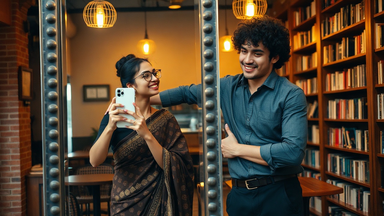 AI generated image by FLUX.1-schnell: A hyper-realistic, 8k cinematic portrait of a stylish young South Asian couple taking a mirror selfie in a cozy, rustic indoor setting.
The Subjects:
The Woman: She is smiling brightly, wearing a traditional brown and black patterned cotton saree (Ajrakh style) with a simple black blouse. She has glasses and her hair is held in a messy bun with a pink claw clip.
The Man: He has curly hair and a subtle smile, wearing a relaxed-fit, charcoal grey long-sleeved button-up shirt and black cargo pants. He has one arm affectionately wrapped around her shoulder.
The Action: The woman is holding a modern white smartphone, capturing their reflection in a large, clean mirror.
Environment & Lighting:
Background: A warm, moody cafe or library interior with exposed red brick walls and wooden bookshelves filled with books.
Lighting: Warm, soft ambient light from incandescent hanging lamps, creating a golden glow and deep, natural shadows.
Technical Specifications:
Lens & Style: Shot on a professional 85mm lens at f/1.8 to ensure crystal-clear facial details and a creamy, soft-focus bokeh background.
Finish: High-resolution, film grain texture, realistic skin tones, and a sophisticated aesthetic. Keep original face and hairstyle 100% reference, no face blur