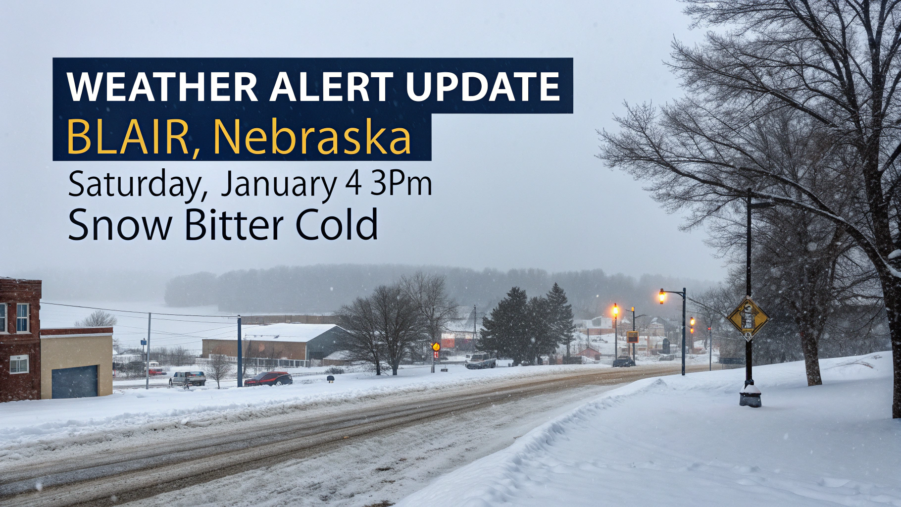 AI generated image by Red Panda AI: Winter Weather Alert update for Blair, Nebraska, on Saturday, January 4 at 3PM, snow and bitter cold