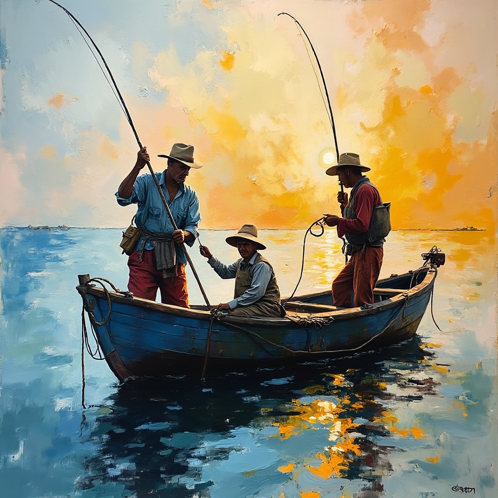 AI generated image by FLUX.1-pro: FISHERMEN PAINTED WITH ACRYLIC PAINT, BEAUTIFUL EXPRESSIVE COLORS, REALISTIC LINES