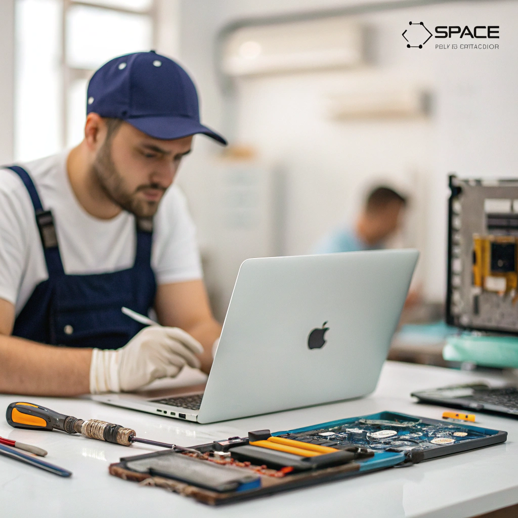 AI generated image by Red Panda AI: una imagen de fondo con  efecto blurred, que de frente se vea que un tecnico en reparacion de laptops, esta trabajando en una reparacion, esto con el fin de poder poner texto publicitario.