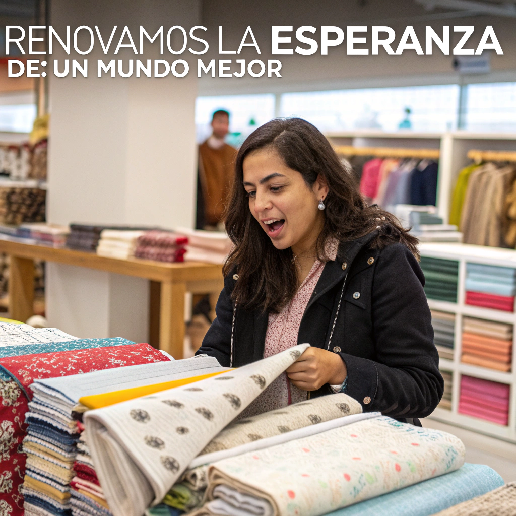 AI generated image by Red Panda AI: una chica comprando telas de excelente calidad, en las telas viene el eslogan "RENOVAmos la ESperanza de un mundo mejor" la chica expresa una cara de sorpersa por la gran calidad de los materiales de la tela