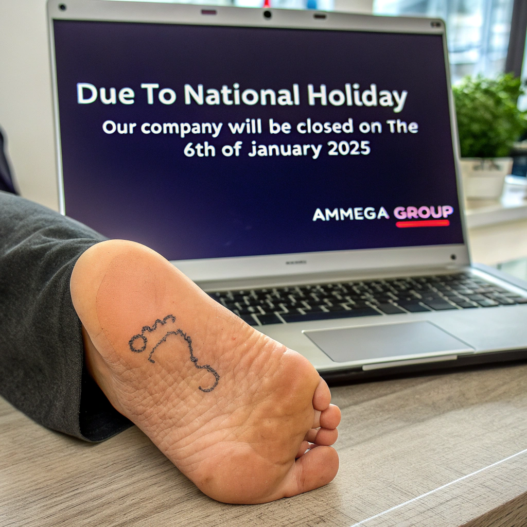 AI generated image by Red Panda AI: create an image of a foot that reads “Due to National Holiday our company will be closed on the 6th of January 2025” in the background of the foot will be a laptop that has the words ammega group on the screen saver