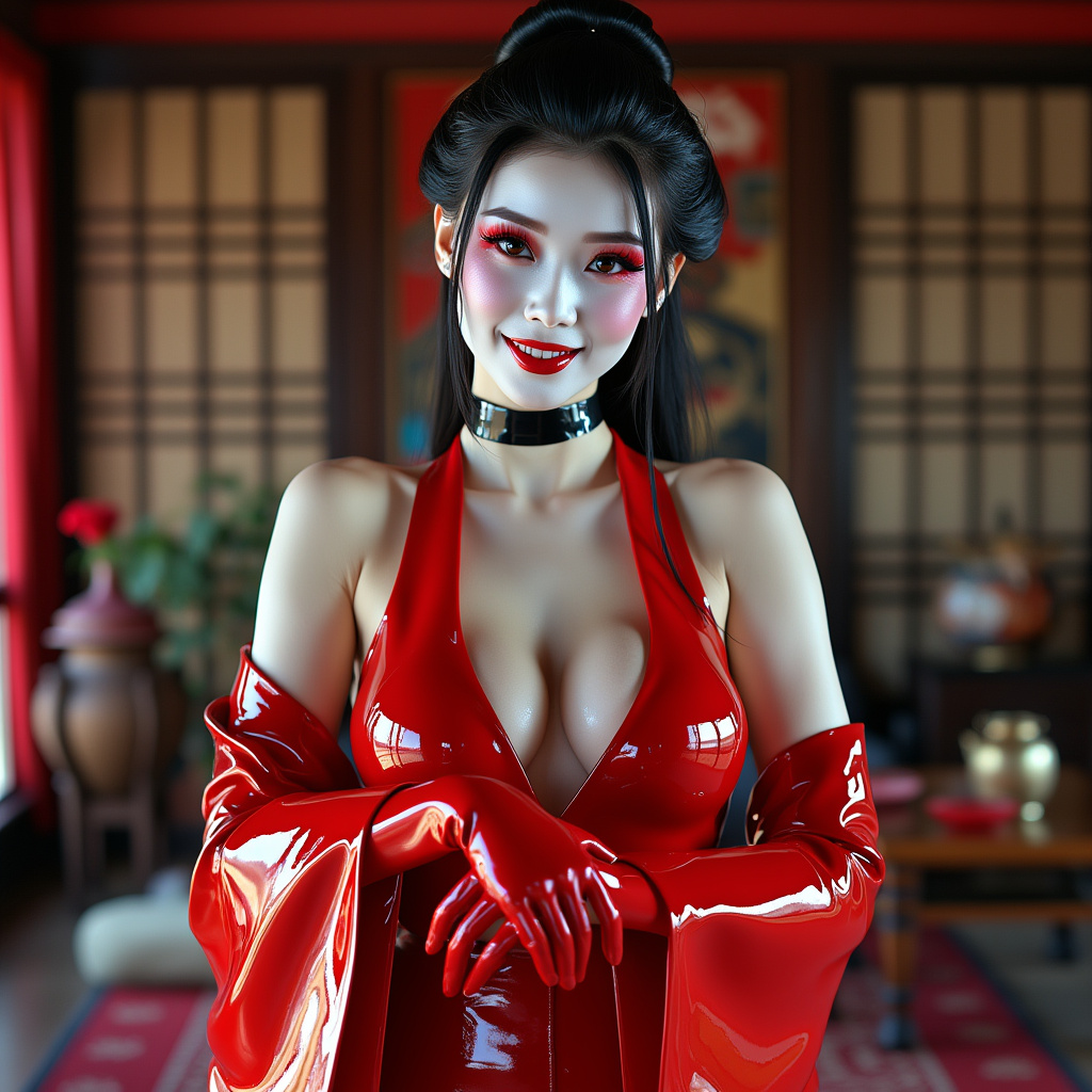 AI generated image by FLUX.1-pro: a hyperrealistic photo of a beautiful happy Japanese geisha woman with brightly colored and black tied-back hair, heavy, thick white and red traditional heavy Japanese latex Geisha makeup, skin creamy white from head to toe, dressed in glossy rubber. Wearing a highly glossy red thick seamless liquid rubber form-fitting full catsuit with long, highly glossy black rubber gloves, wide black latex choker, highly glossy red rubber seamless corset and a highly glossy red heavy rubber kimono. She poses casually with her gloves hands in her sleeves, standing in an ornate Japanese living room.