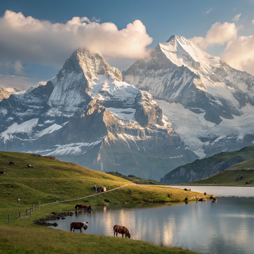 AI generated image by FLUX.1-schnell: Create an image of a magnificent Swiss mountain where you can also see the lake and many cows grazing.