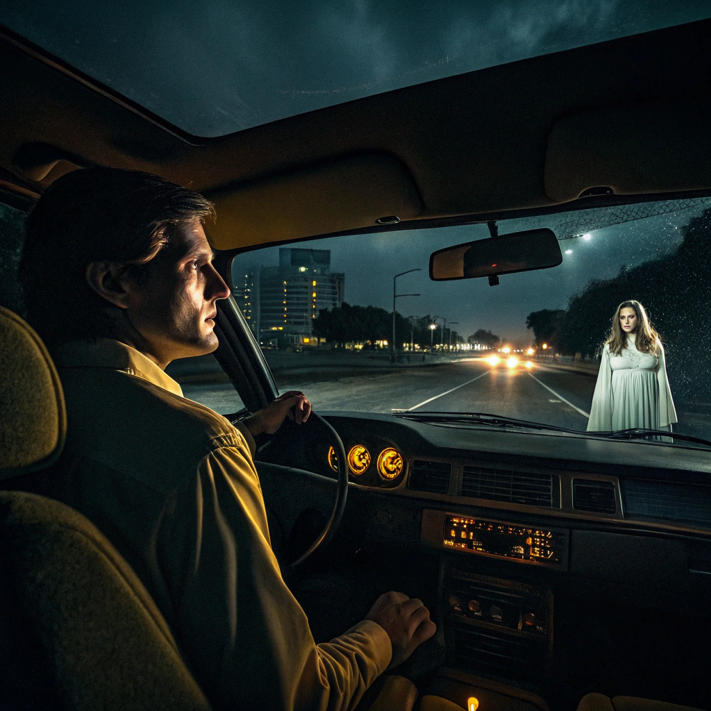 AI generated image by Red Panda AI: A nighttime scene of a taxi driving through a dark, empty street. The interior of the taxi shows a male driver with a nervous expression, glancing at the rearview mirror. In the backseat, a ghostly female passenger sits quietly wearing a white dress. She has pale, almost translucent skin, hollow eyes, and an unsettling aura. The car's dashboard lights cast an eerie glow, and the windows reveal a desolate urban landscape under a cloudy, moonlit sky. The atmosphere is tense and chilling, with a supernatural vibe.