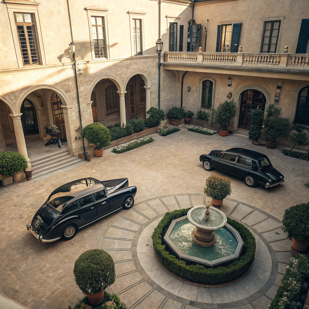 AI generated image by Red Panda AI: Establishing shot en légère plongée de la cours intérieure d'une grandiose villa sicilienne dans les années 1950. Trois fiat 1953 noires sont garées autour d'une fontaine de jardin circulaire située au centre la cours. Dans le style du film le Parrain, rendu photoréaliste. Lumière chaude et diffuse