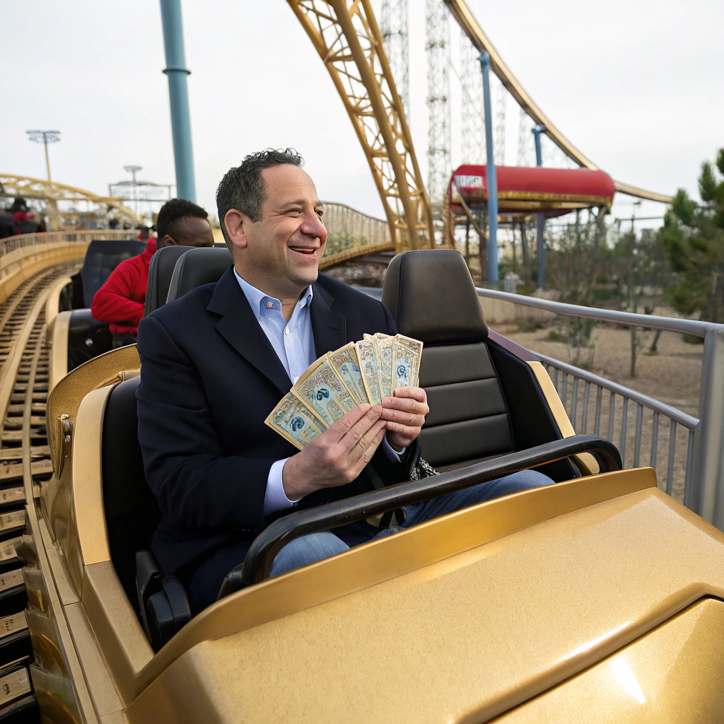 AI generated image by FLUX.1-schnell: GameStop CEO Ryan Cohen is riding a gold rollercoaster with money in his hands