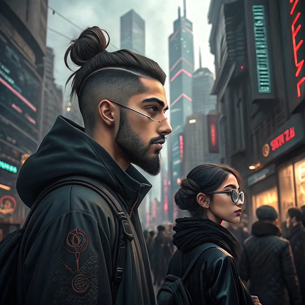 AI generated image by Red Panda AI: a young arabian lean man, with short beard, undercut and samurai's style bun, wearing black modern clothes, and a girl with circular glasses and black clothes, in futuristic cyberpunk city, in the midle of a crowd, anime digital illustration