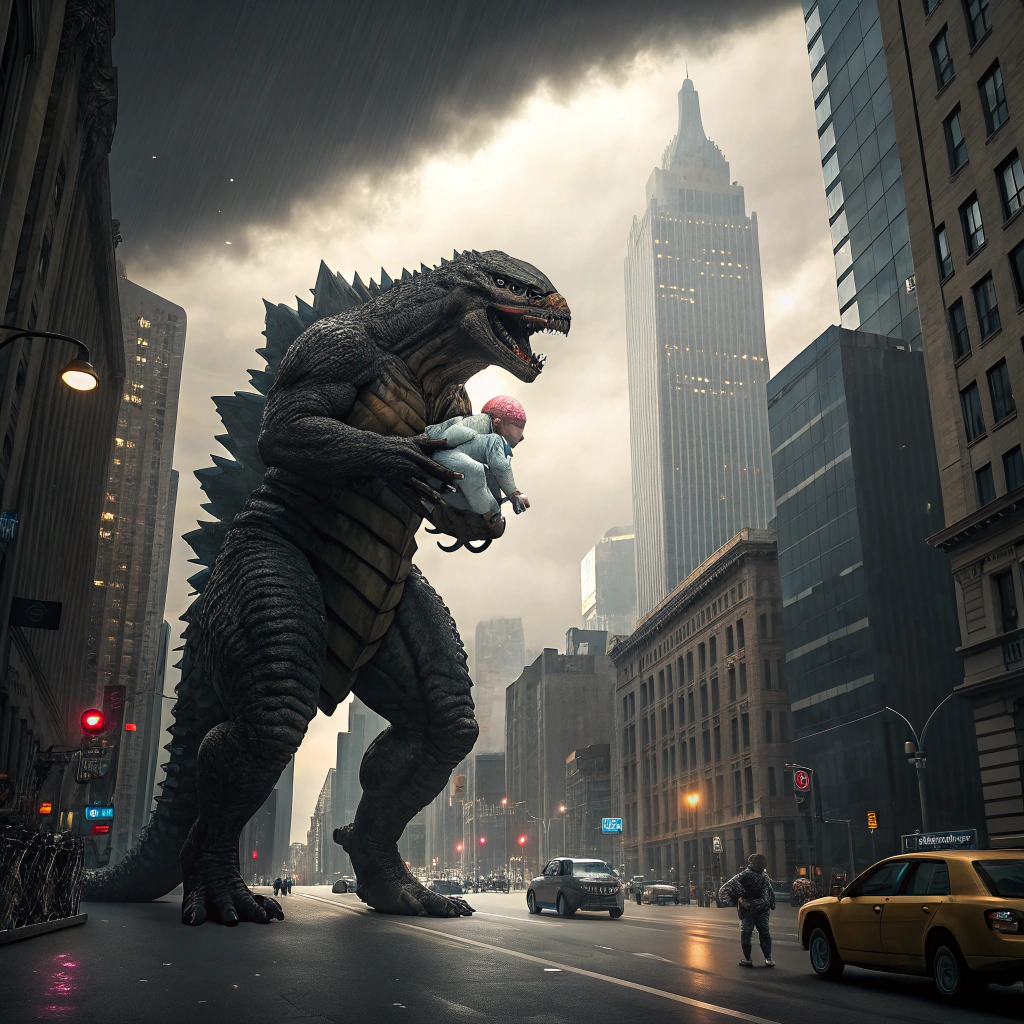 AI generated image by Red Panda AI: Um monstro bem maligno e real que pareça ser de verdade no meio da cidade segurando um bebê com fraldas 