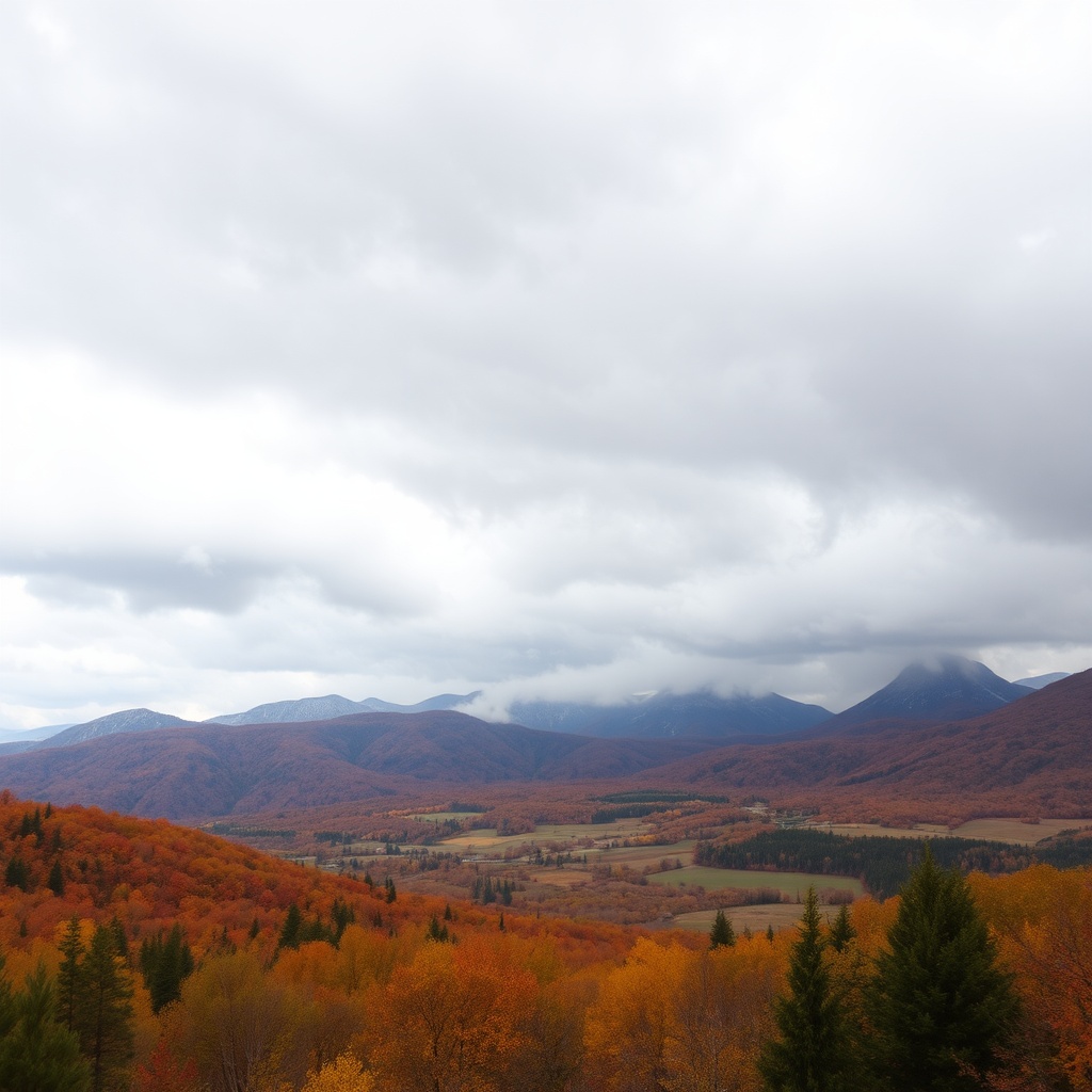 AI generated image by FLUX.1-schnell: A white stormy sky overlooking autumn fields with fantasy mountains in the background 