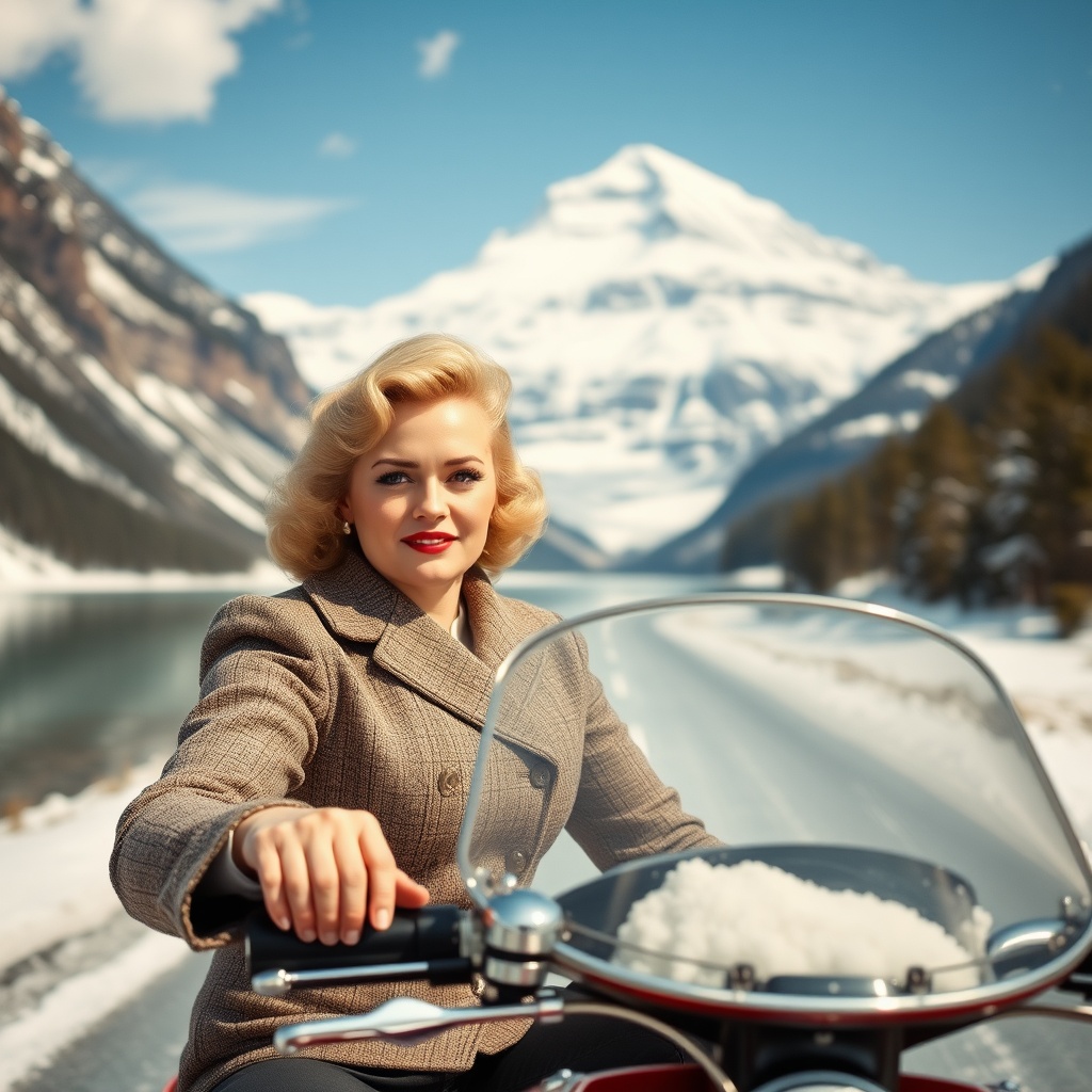 AI generated image by FLUX.1-schnell: Eine blonde Frau im Stil der 1950er Jahre fährt über eine Skipiste ins Tal, im hintergrund schneebedeckte berge und blauer himmel
