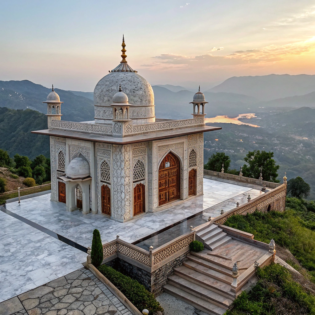 AI generated image by Red Panda AI:                “Design a small village temple perched on a mountain peak, combining traditional hindu sanatan architecture with modern touches. The mandir features marble façade, intricate geometric patterns, wooden accents, and arched doorways. A central dome and two elegant, proportionate minarets frame the structure. Surrounded by landscaped terraces and stone pathways, the mandir overlooks breathtaking valley views, with soft lighting enhancing its beauty at sunrise and sunset.”
