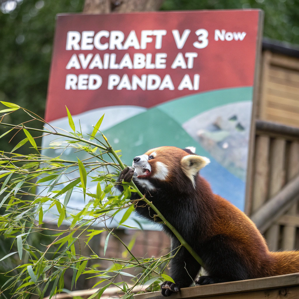 AI generated image by Red Panda AI: a red panda eating a bamboo in front of a poster that says "recraft V3 now available at red panda ai