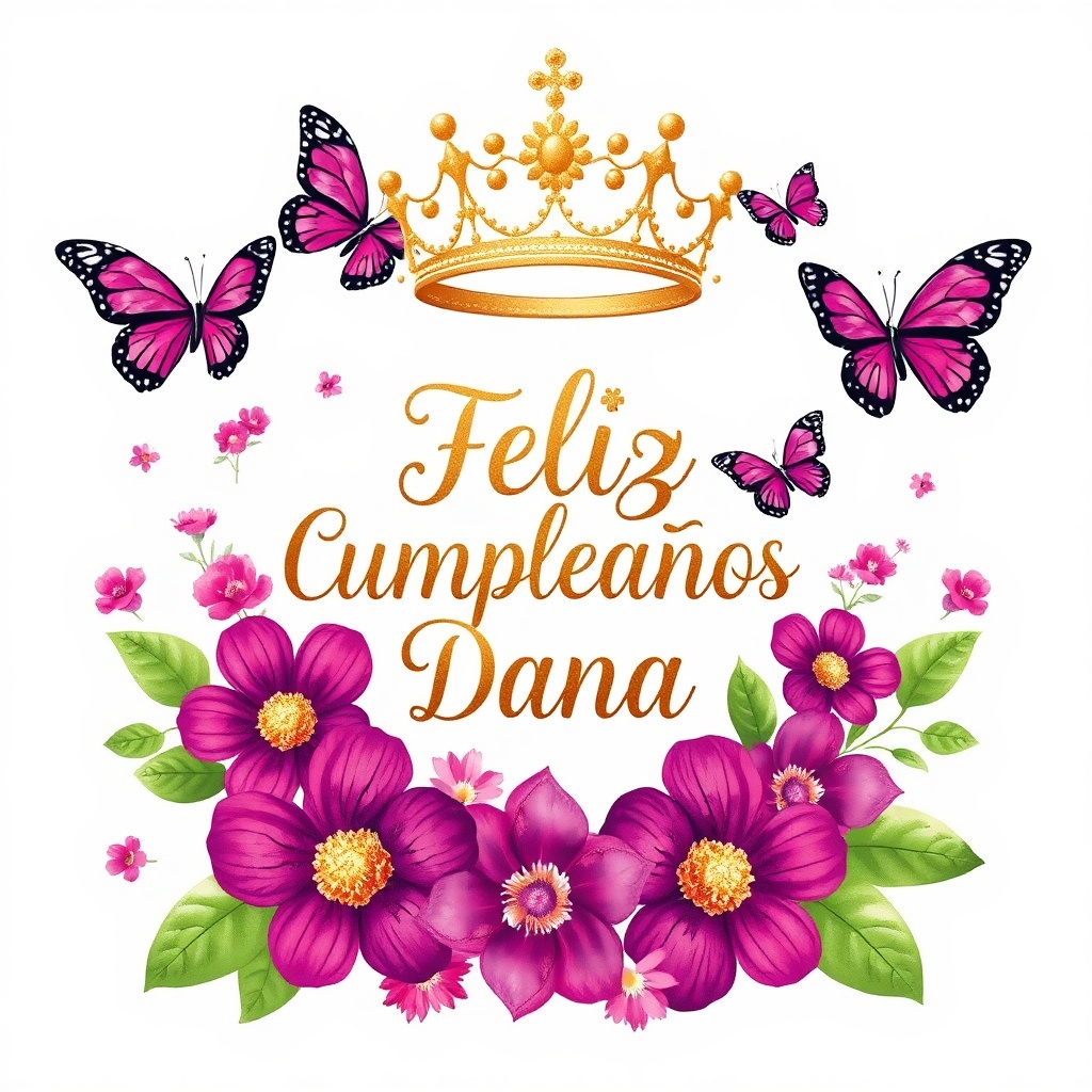 AI generated image by FLUX.1-schnell: "Un diseño festivo de tarjeta de cumpleaños con una corona dorada decorativa en el centro. Dentro de la corona, un texto grande dice 'FELIZ CUMPLEAÑOS DANA' en elegantes letras cursivas doradas. Alrededor de la corona hay flores de color púrpura vibrante con centros dorados y delicadas hojas verdes y doradas. Múltiples mariposas moradas con bordes negros vuelan, añadiendo un toque alegre y festivo. El diseño general es limpio, con un fondo blanco y una sensación colorida y festiva".