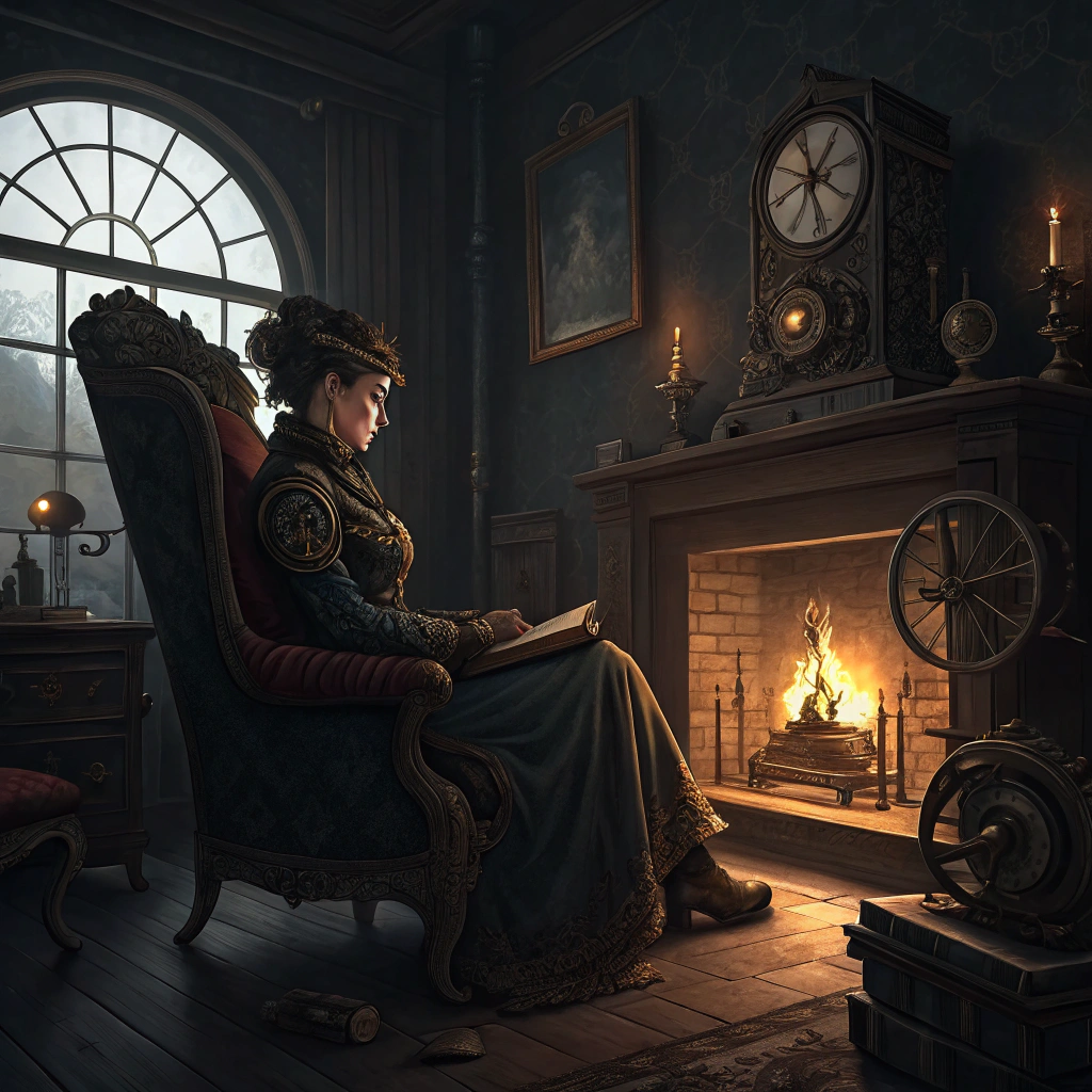 AI generated image by FLUX.1-schnell: Dark fantasy victorian steampunk theme. A woman sitting in an arm chair by an open fireplace.