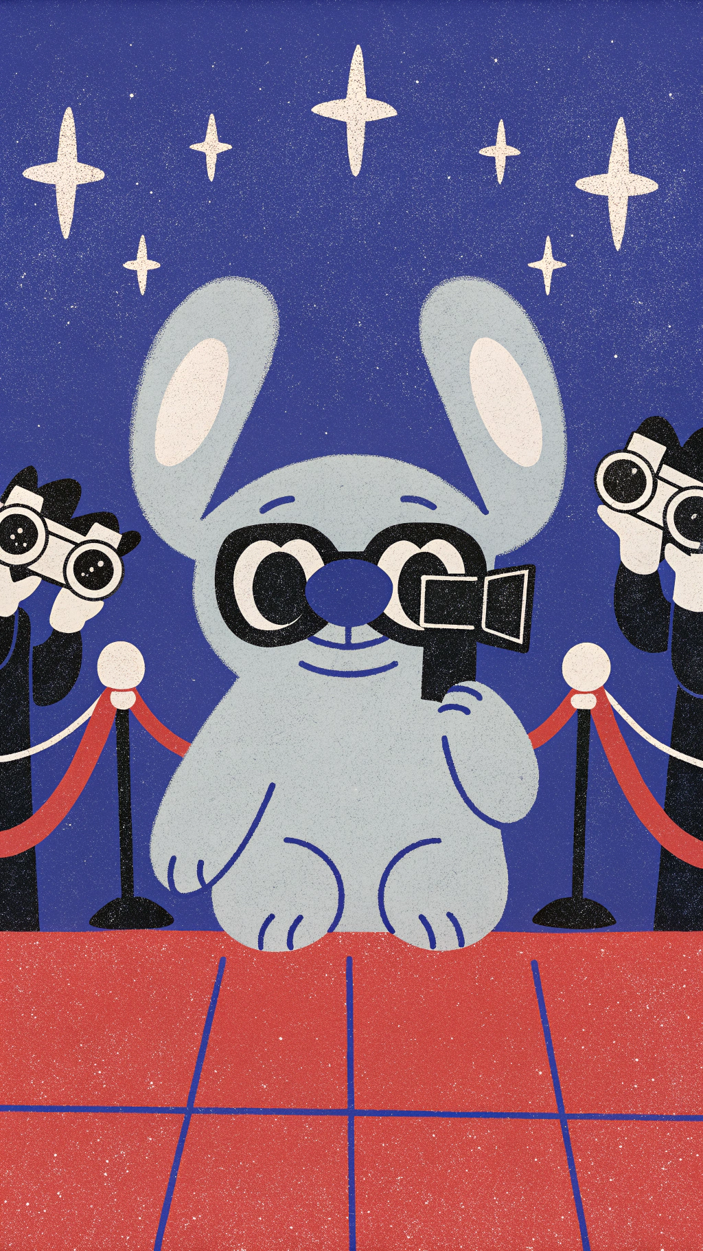 AI generated image by Red Panda AI: A cute, blue, chubby alien creature with large ears and big round eyes is sitting on a terracotta-tiled floor, facing the camera with a confident smile. The creature wears sleek black Ray-Ban-style sunglasses, adding a cool, celebrity-like vibe. Its body is plush and rounded, with small claws on its hands and feet. Behind the character, a group of enthusiastic cartoon-style paparazzi are holding vintage camcorders and professional cameras, capturing photos and footage. The scene is vibrant and cinematic, with dynamic lighting and expressive characters in the background. The atmosphere mimics a red carpet moment, filled with excitement and admiration. The style is polished 2D animation, clean linework, soft shadows, and a colorful palette inspired by animated films from the early 2000s.