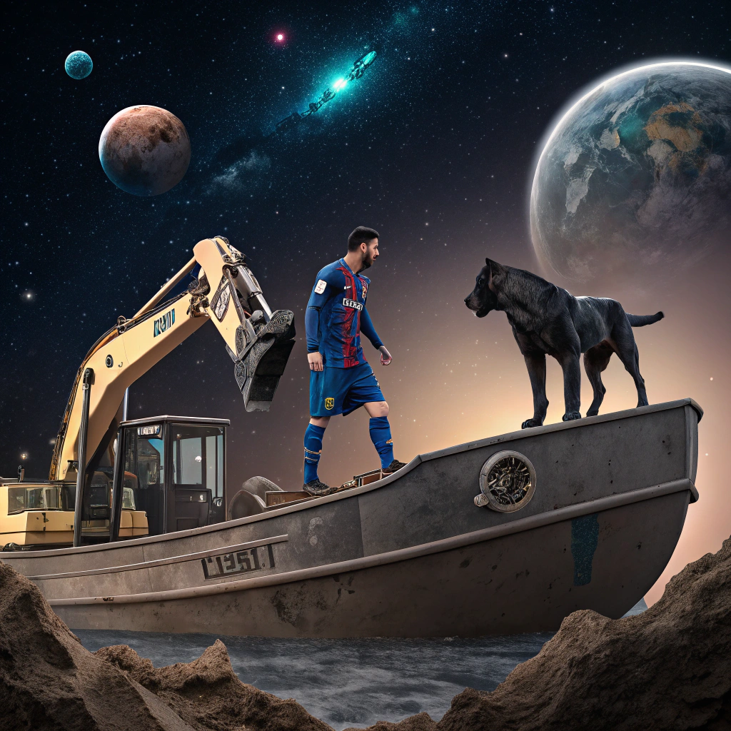 AI generated image by Red Panda AI: quiero una batalla épica entre messi en un barco contra un mastín negro en una excavadora. con estrellas y planetas de fondo