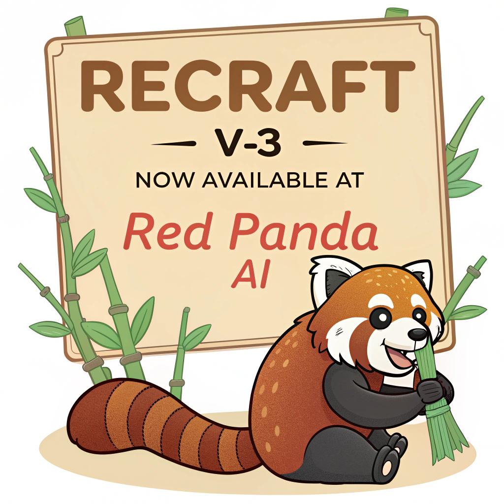 AI generated image by FLUX.1-schnell: a red panda eating a bamboo in front of a poster that says "recraft V3 now available at red panda ai