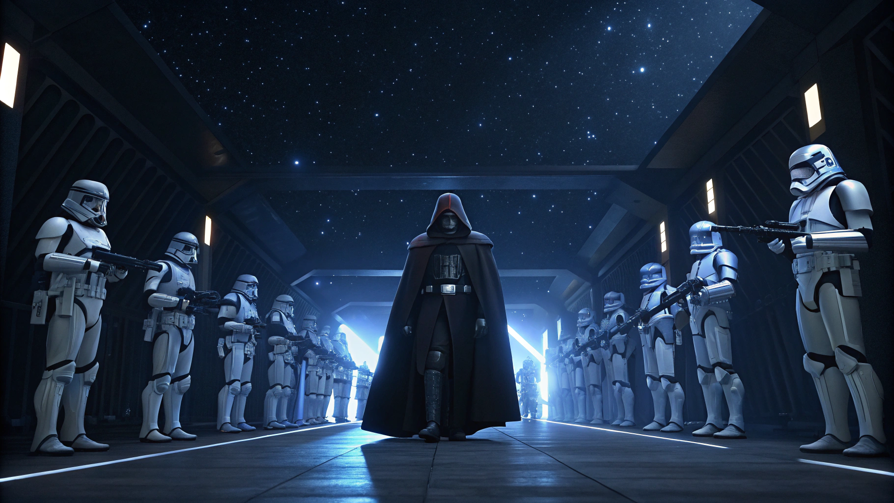 AI generated image by Red Panda AI: A dark and dramatic scene inspired by Star Wars: The Clone Wars. A hooded figure resembling Anakin Skywalker stands at the center, dressed in dark Jedi robes, exuding a menacing aura. He is surrounded by an army of clone troopers in uniform white and blue armor, positioned on either side in perfect formation, holding blasters. The setting is a futuristic, dimly lit platform or corridor with towering metallic structures casting long shadows. The scene is illuminated by a cold, bluish light under a starry night sky, giving a sense of foreboding and power. Capture the intensity and stoic determination in the figure's expression. 16:9 aspect ratio, cinematic style, high resolution.