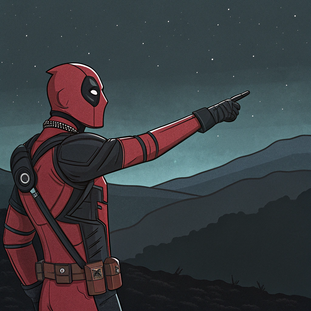 AI generated image by Red Panda AI: genera una imagen con el fondo oscuro y en el centro deadpool mirando un paisaje hacia la derecha estilo cartoon minimalista, que deadpool salga desde la cabeza hasta la cintura que no salga cuerpo completo y que este mirando el paisaje y que lo este señalando