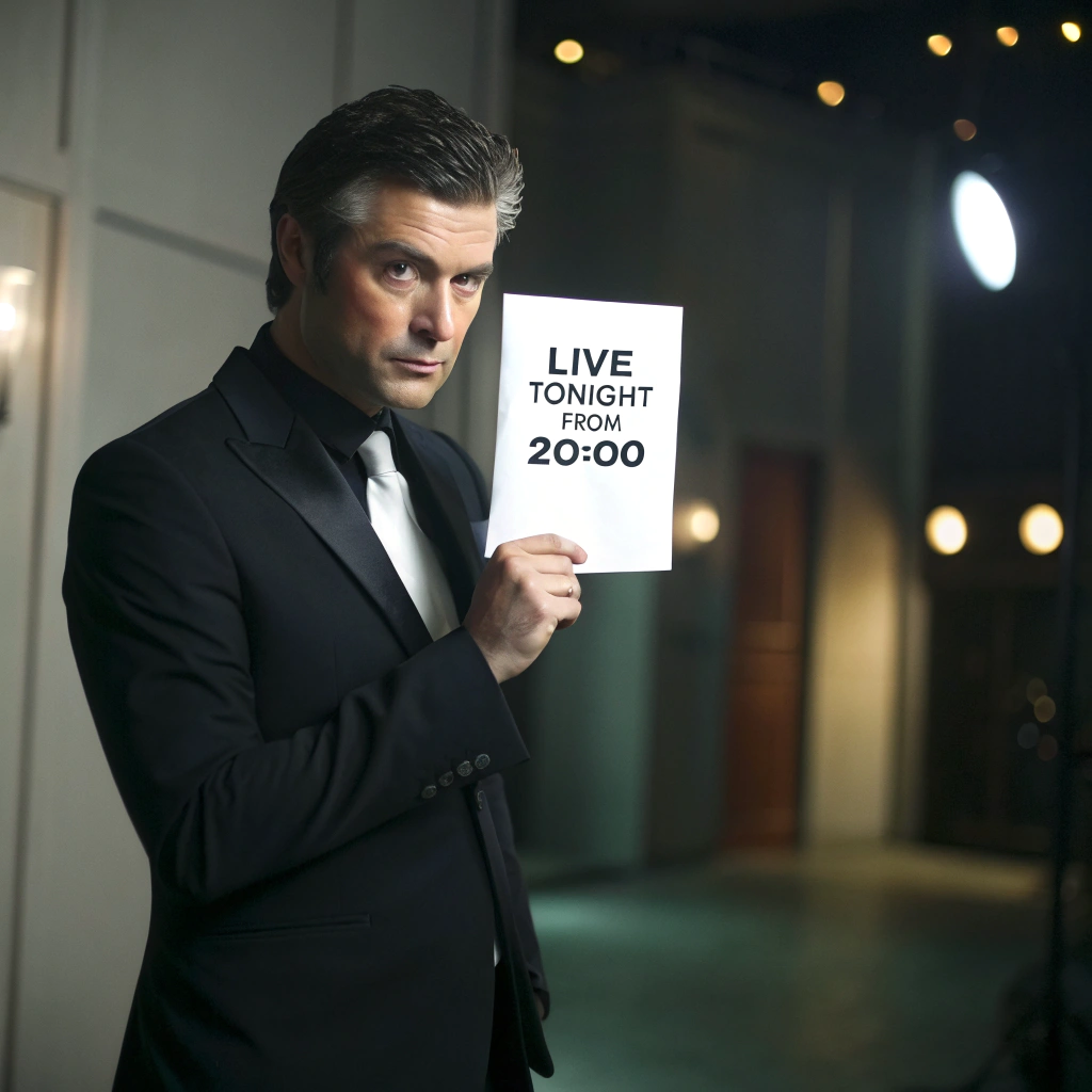 AI generated image by Red Panda AI: A man in black suite is holding a paper where there stand " LIVE TONIGHT  FROM 20:00".
