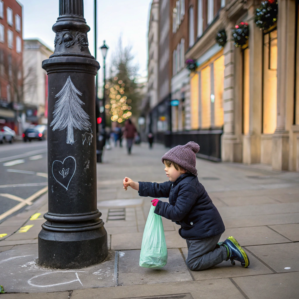 AI generated image by Red Panda AI: Postes de luz cubiertos con pintura de pizarra negra tienen amarrada una bolsita de organza que contiene tizas. Un niño se detiene, ve las tizas y comienza a dibujar en el poste. Decide pintar un árbol navideño, ya que es la festividad del mes