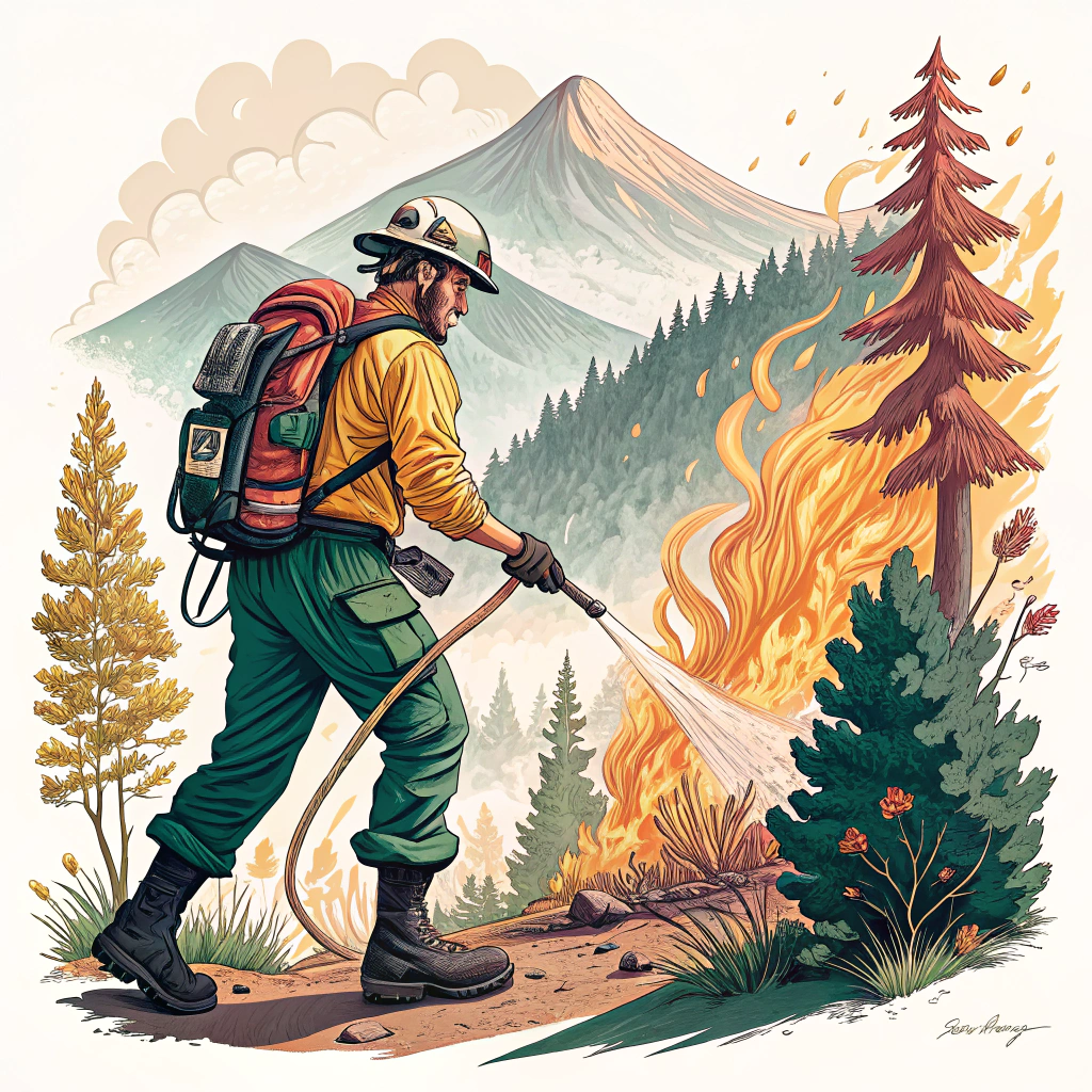 AI generated image by Red Panda AI: Sticker design, A forest firefighter with green pants and a yellow shirt, and a backpack on his back, fighting a forest fire in the mountains, vector, highly detailed, 8K, illustration, vibrant, white background
