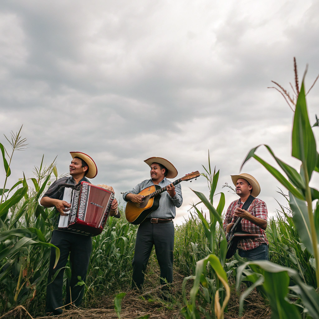 AI generated image by Red Panda AI: quiero una escena donde este un grupo regional mexicao de sinaloa con acordeon, guitarra acustica, bajo sexto y la bateria tocando musica en medio de una parcela de maiz mediano 