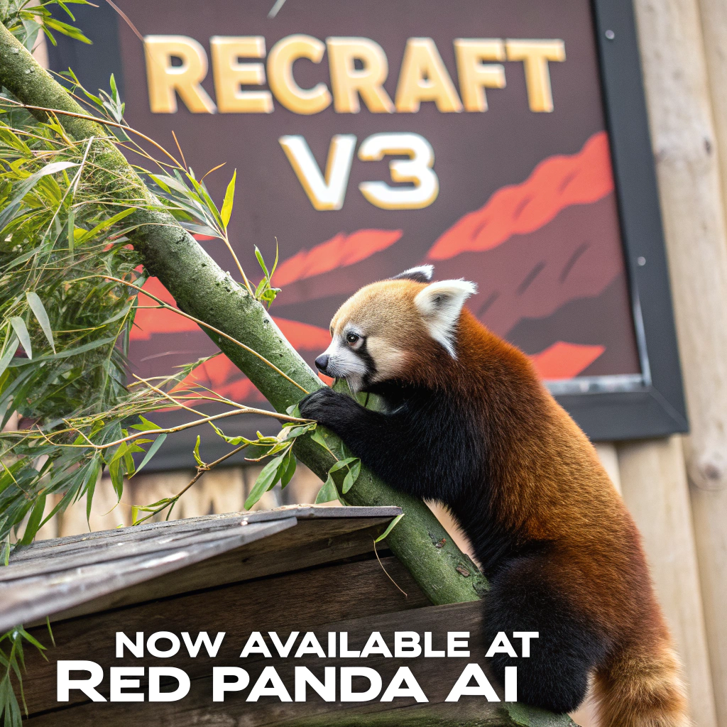 AI generated image by Red Panda AI: a red panda eating a bamboo in front of a poster that says "recraft V3 now available at red panda ai