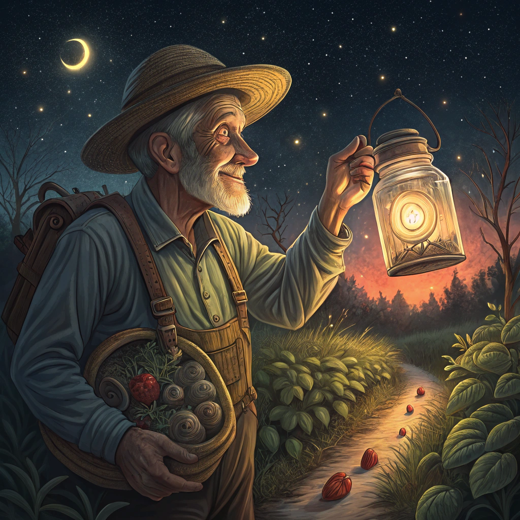AI generated image by FLUX.1-schnell: A older looking snail hunter man, wearing a straw hat, holding a lantern in his left hand, large jar full of glowing snails in right hand, in a fantasy, magical night sky with a strawberry field, anime style, its dark outside, mans expression tired but happy