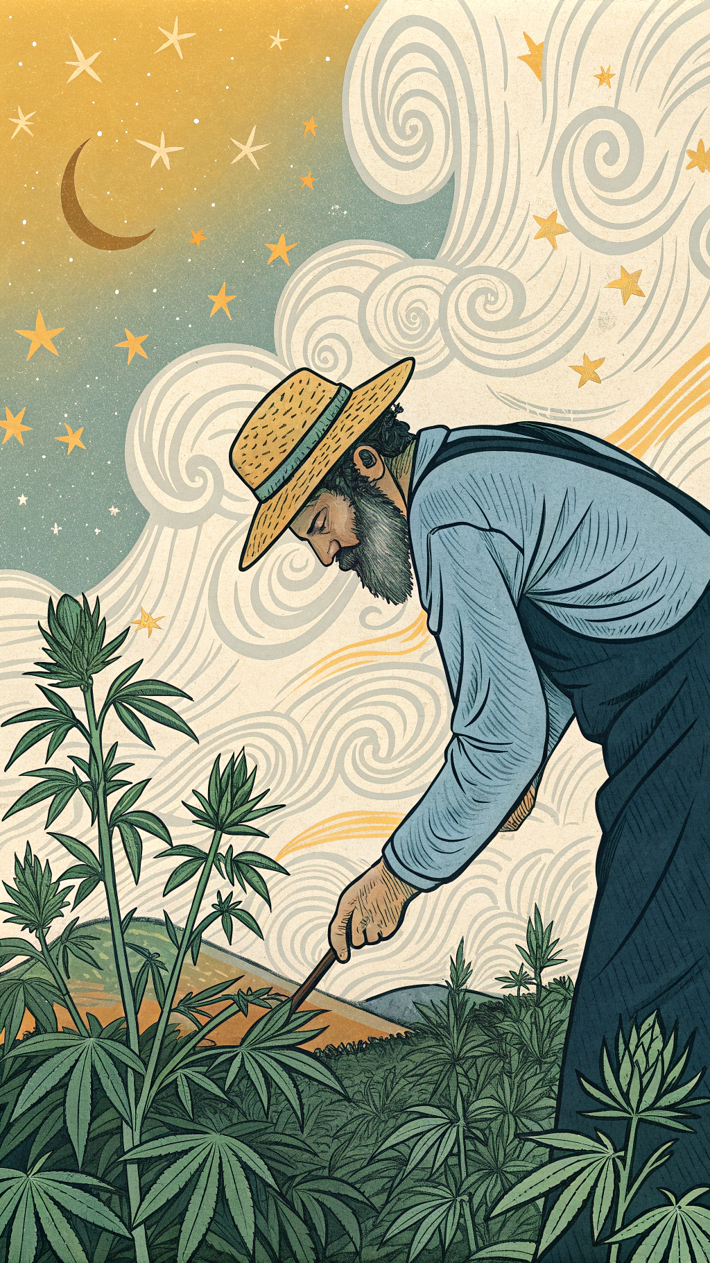 AI generated image by Red Panda AI: Craft a captivating illustration featuring a cannabis cultivator tending to their plants, exploring the unique aesthetic of four of the most famous artists. Envision how Picasso, Van Gogh, da Vinci, and Hokusai would approach this scene, each leaving their distinctive mark on the depiction of the grower and the plants. Ensure to capture the artistic essence of each master, incorporating recognizable elements from their styles into a harmonious and engaging composition. witch leaf more realistics and more plants, photo, poster