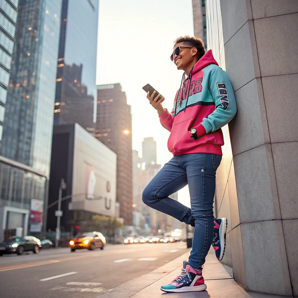AI generated image by FLUX.1-schnell: 
Create a vibrant, high quality image of a modern influencer in an urban setting. The person is standing confidently against a stylish city backdrop, holding a smartphone as they create contact, with a warm, engaging smile. They're dressed in trendy streetwear, including a branded hoodle, slim-in jeans, and stylish sneekers with accessories like sunglasses and a smartwatch. The lighting is natural,. casting a soft glow and there are hints of tall buildings and a busy street in the background, evoking a scene of energy and connection. Make the colors vivid, highlighting the person's fashion and lively surroundings.