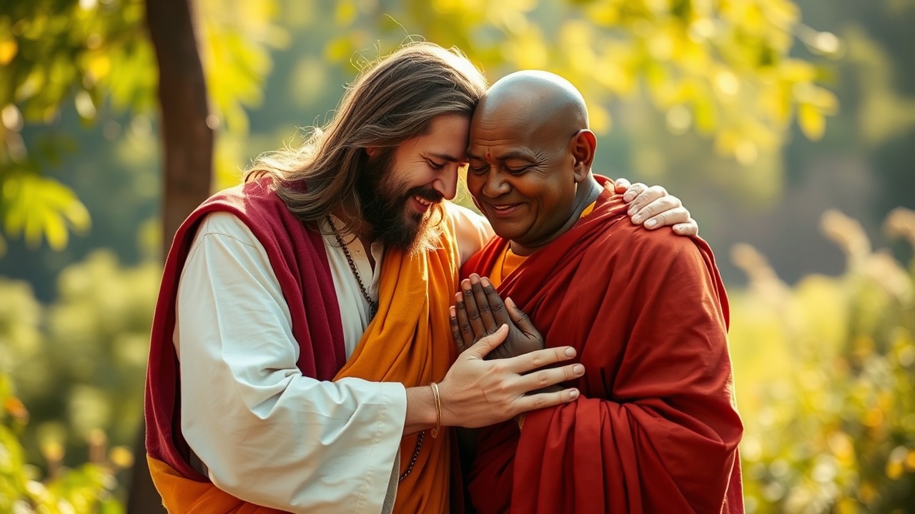 AI generated image by FLUX.1-schnell: Jesus and a buddha monk hugging, photo realistic, bright outdoors in a natural setting