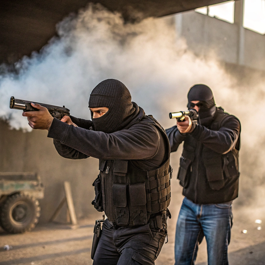 AI generated image by Red Panda AI: sicarios tirando balasos sin fondo